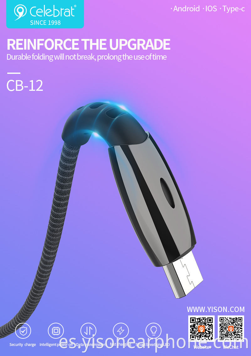 Venta al por mayor de fábrica CB-12T Fabricación de chaqueta de PVC + TPE Cable de carga rápida tipo C USB para Samsung para Huawei